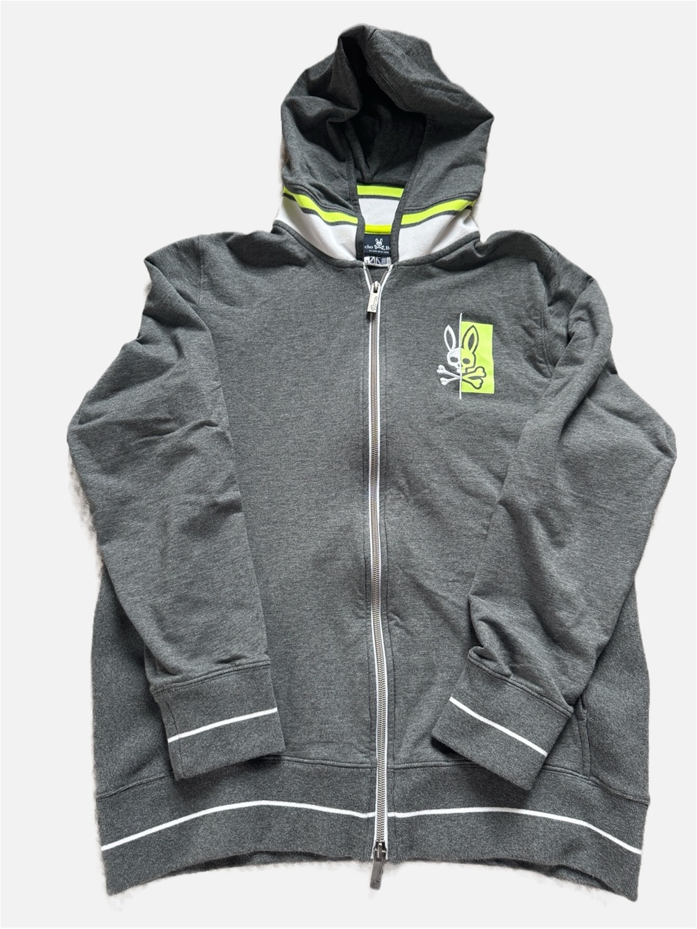 Psycho Bunny Mens Size M Gray Pocket Hoodie Full Zip Neon Logo Trim Graphic